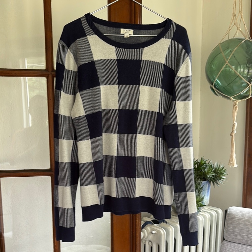 J. Crew Navy Blue and White Crew Neck Sweater